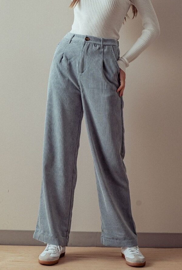 Women Corduroy Wide Leg Pants Casual Elastic Waist Retro Trouser with Pockets - Image 2